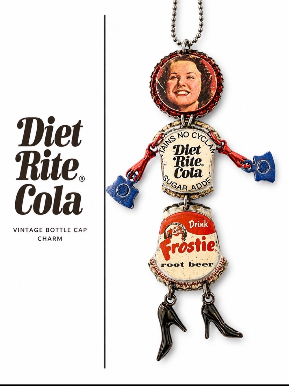 Vintage Soda Cap Doll Necklace Diet Rite Frostie Assemblage Art Funky